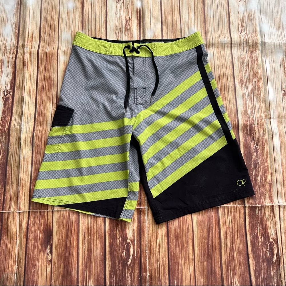 OP Flex Men’s Board Shorts 4 Way Stretch Black Yellow Gray Size 32